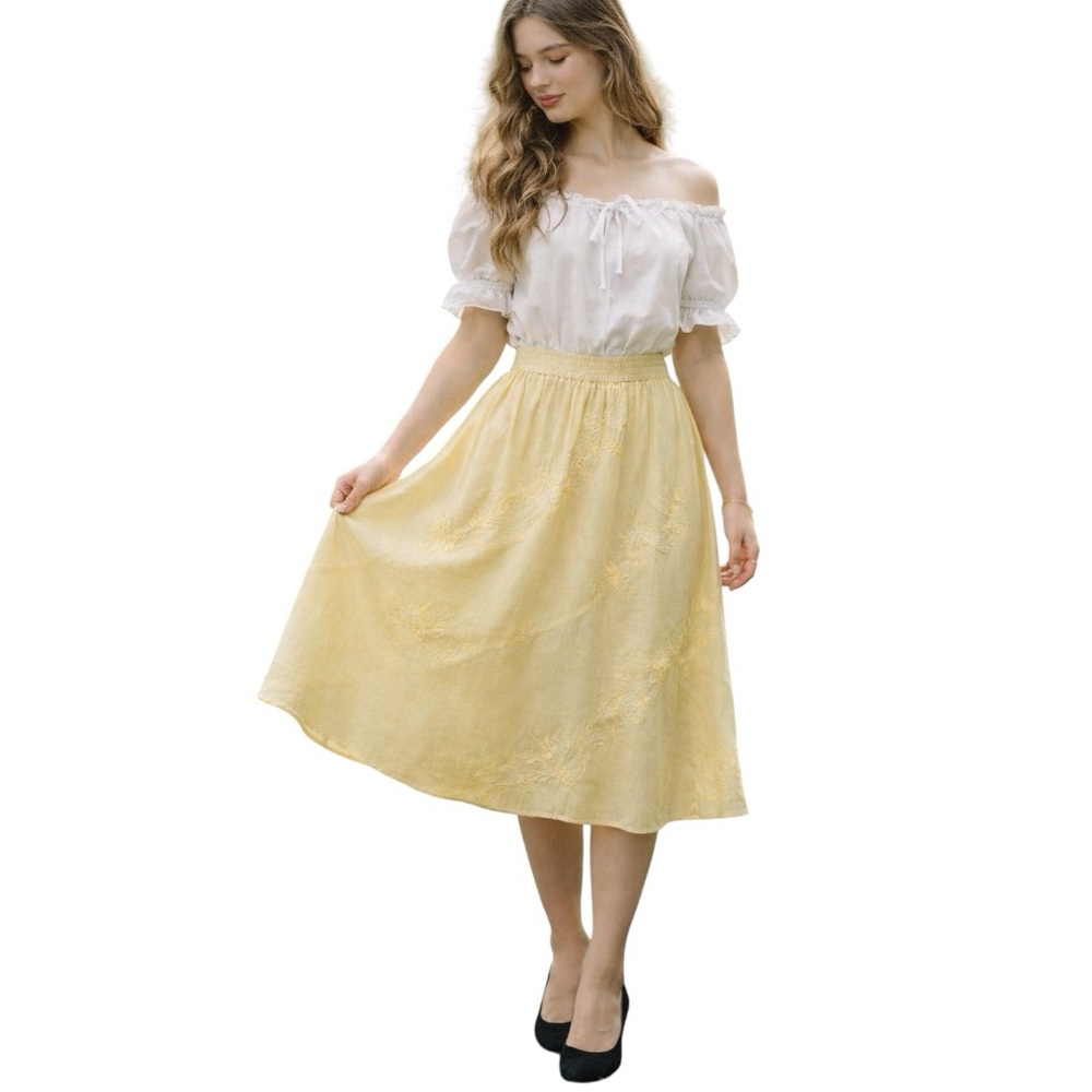 Vintage Metro Wear Butter Yellow Cotton Maxi Prairie Floral Embroidered Skirt